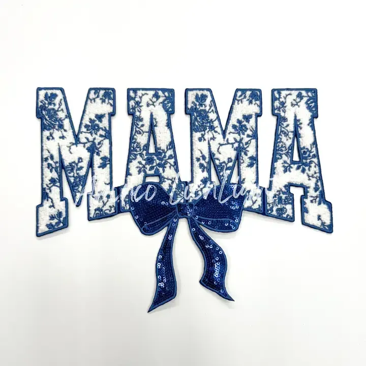 Blue Floral Mama Bow Glitter/Chenille Patch