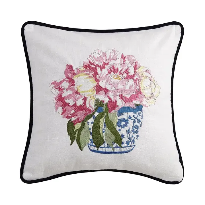 VG Pretty In Pink Flower Embroidered Pillow