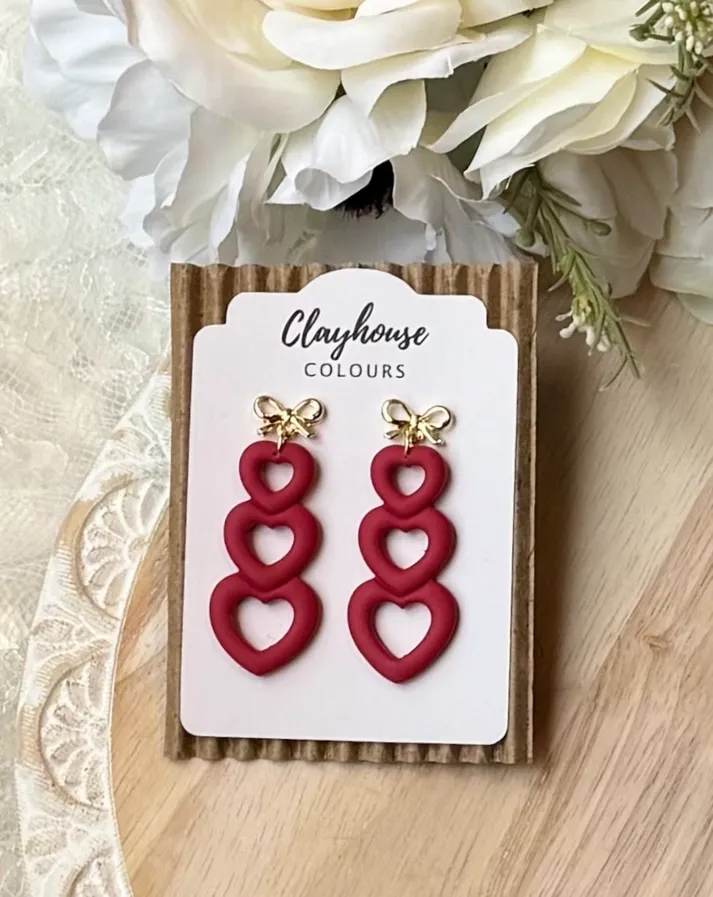 Trio Heart Earrings-Red