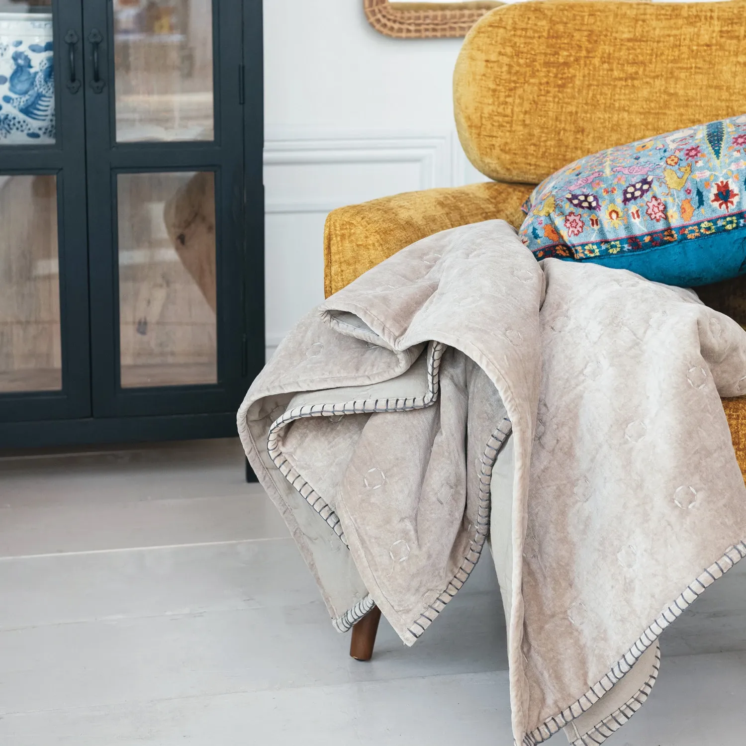 Grey Cotton Velvet Throw