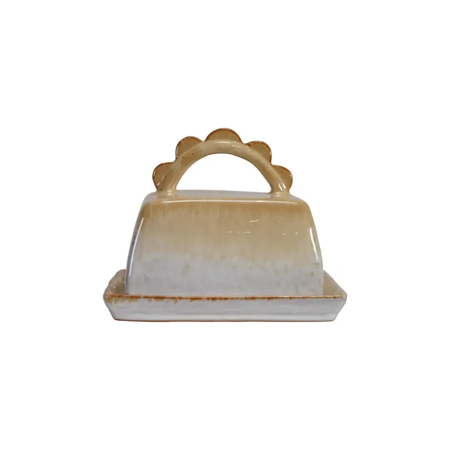 Stoneware Butter Dish w Scalloped Handle