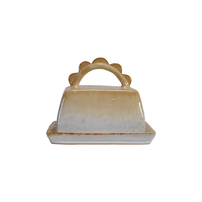 Stoneware Butter Dish w Scalloped Handle