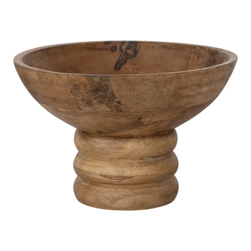 Carved Mango Wood Footed Bowl