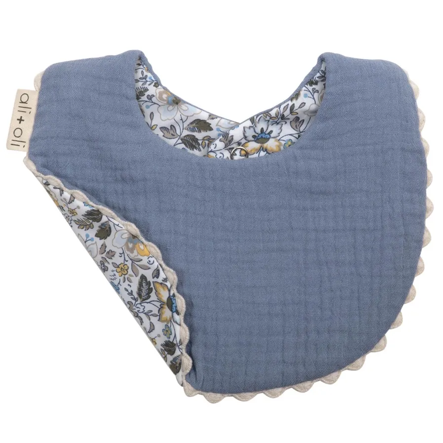 Muslin Cotton Reversable Baby Bib-Blue/Flowers