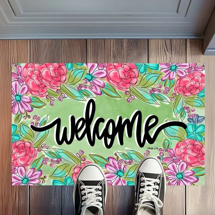 VG Pretty Pink &amp; Purple Floral Welcome Rug Floormat