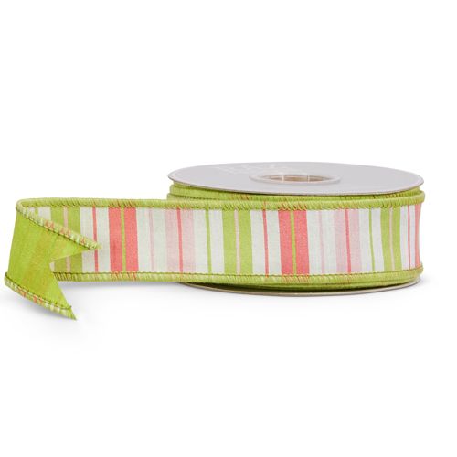 1.5&quot;x10 yds Pink &amp; Green Striped Wired Ribbon
