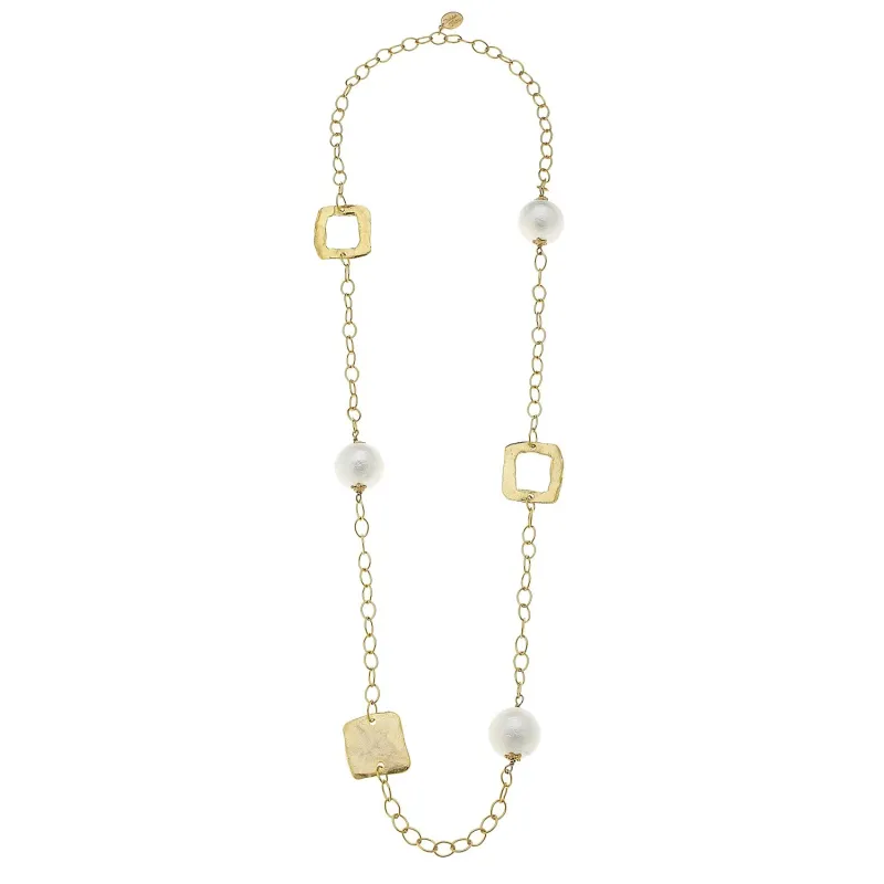 VG Hand Cast Gold Square &amp; Cotton Pearl Necklace