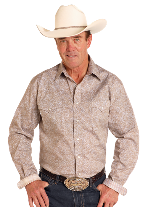 Mens Taupe Printed Snap Shirt