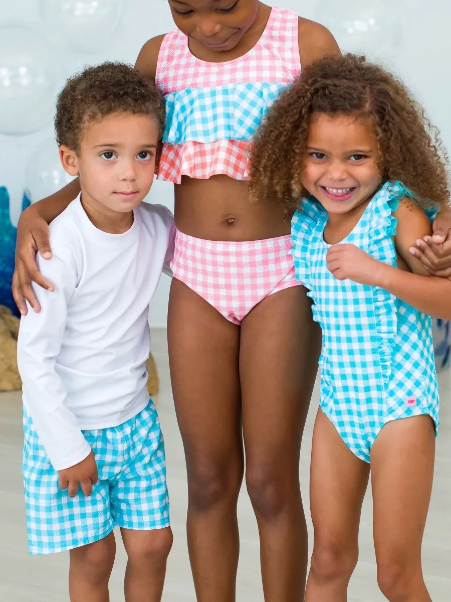 CS Bright Aqua Gingham Swim Trunks