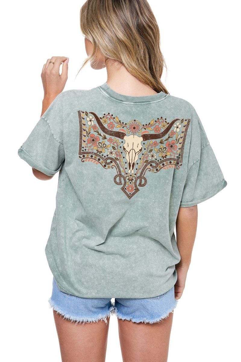 Western Floral Cow Skull Tee