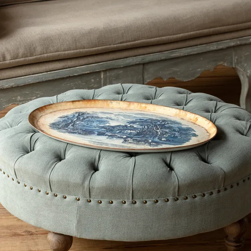Blue Pastoral Oblong Tole Tray