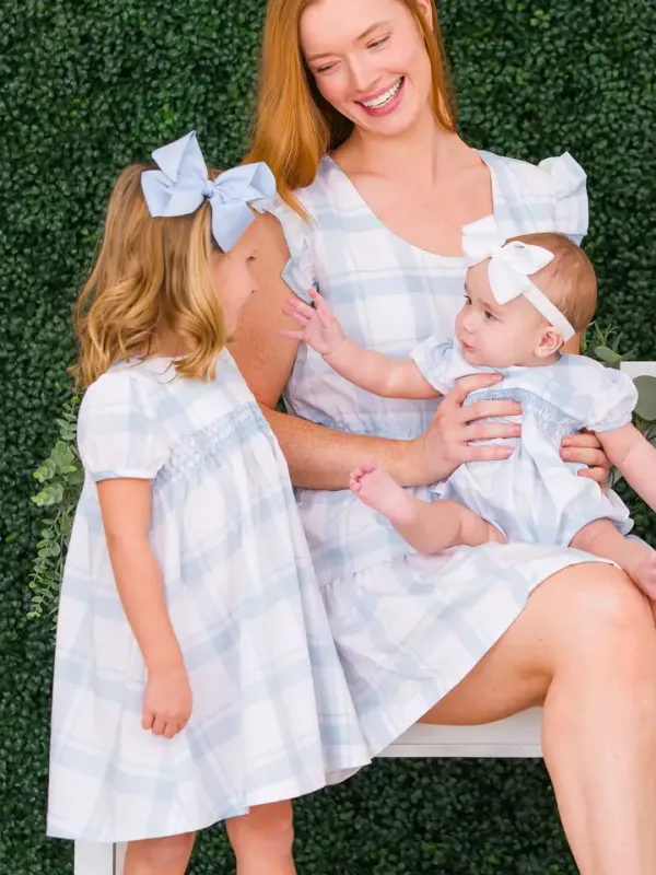 Lt. Blue Windowpane Smocked Dress