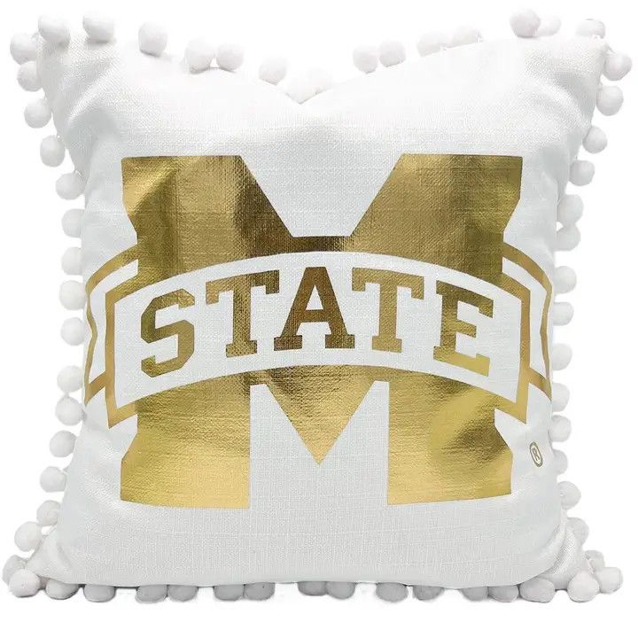 Mississippi State Gold Foil Logo Pillow w/Poms