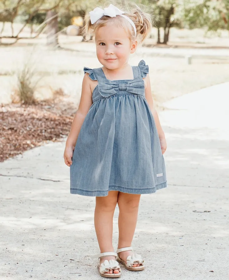 Lt Wash Denim Flutter Bow Dress