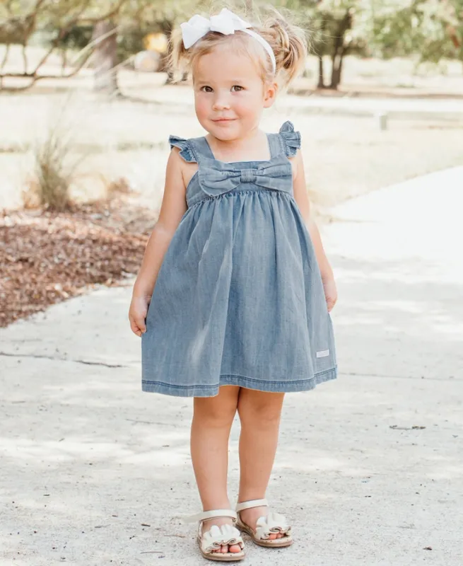 Lt Wash Denim Flutter Bow Dress