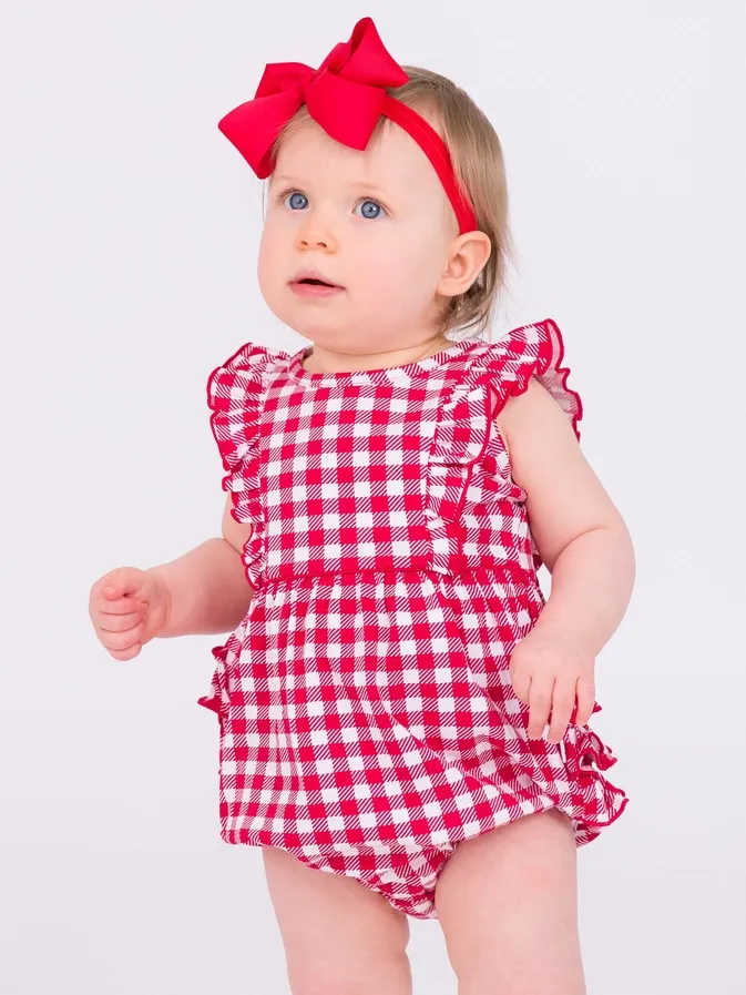 Red Gingham Knit Waterfall Romper