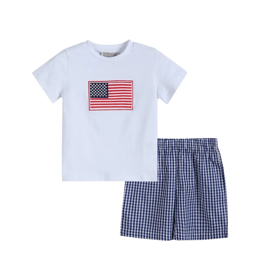 Royal Blue Gingham USA Flag Short Set