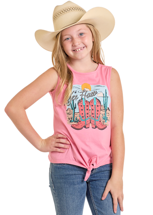 Girls Pink Graphic Tank W Tie