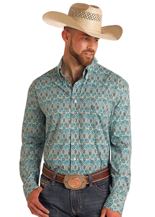 Bright Turquoise RR Paisley Print LS BD