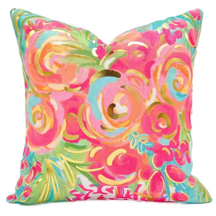 VG Gold Foil Tropical Chinoiserie Blooms Pillow