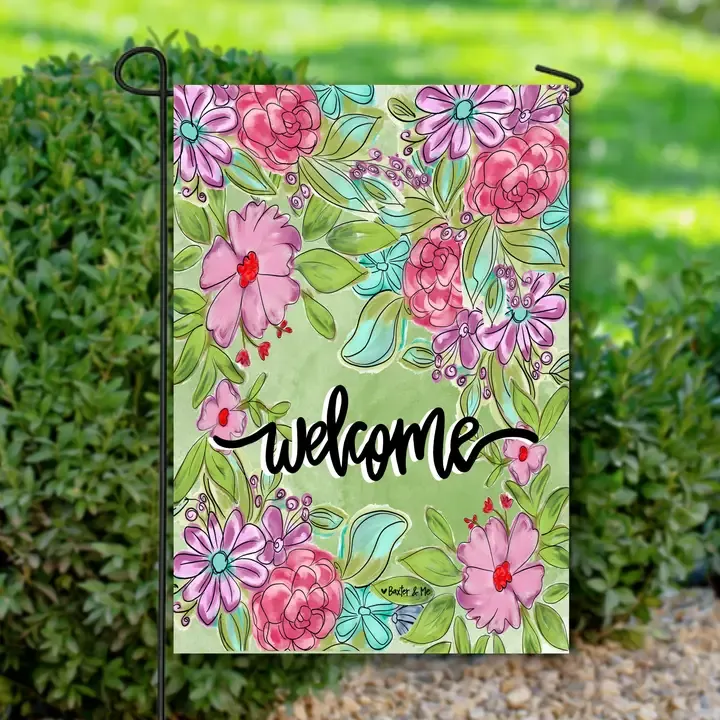 VG Welcome Pretty Pink &amp; Purple Floral Garden Flag
