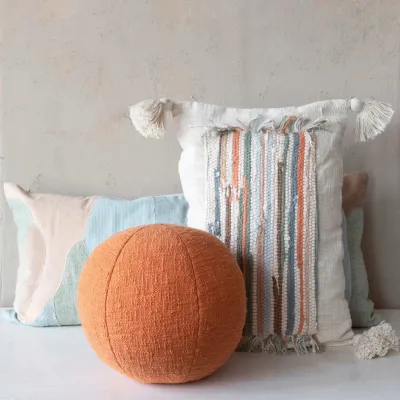 Woven Cotton Slub Lumbar Pillow w/ Applique, Fringe &amp; Tassels