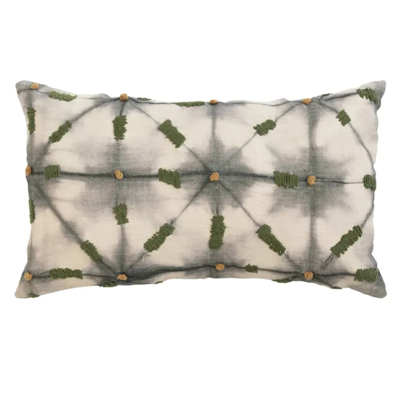 Linen Printed Lumbar Pillow w/ Hand-Embroidery &amp; Chambray Back