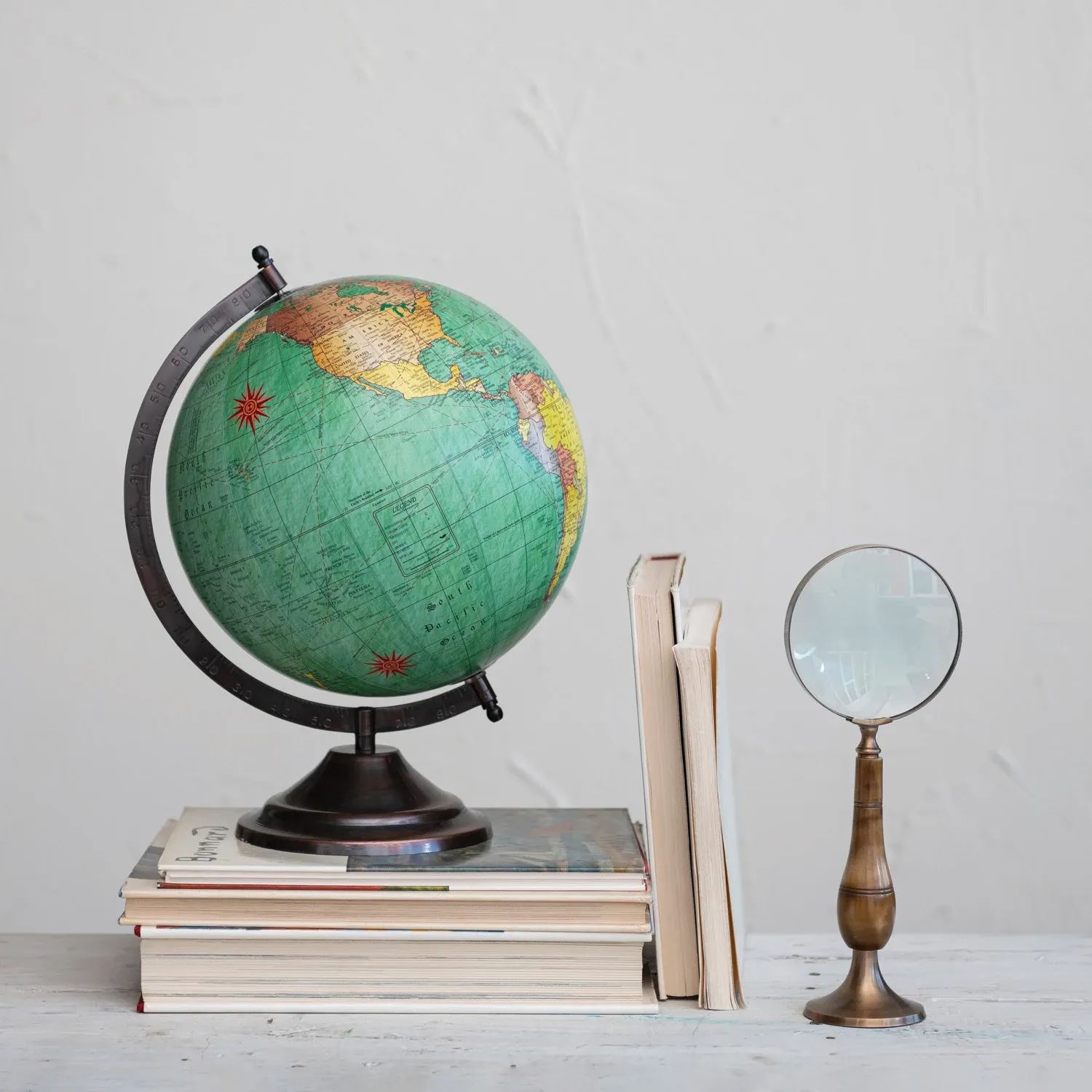 Brass &amp; Bone Magnifying Glass on Stand, Antique Finish