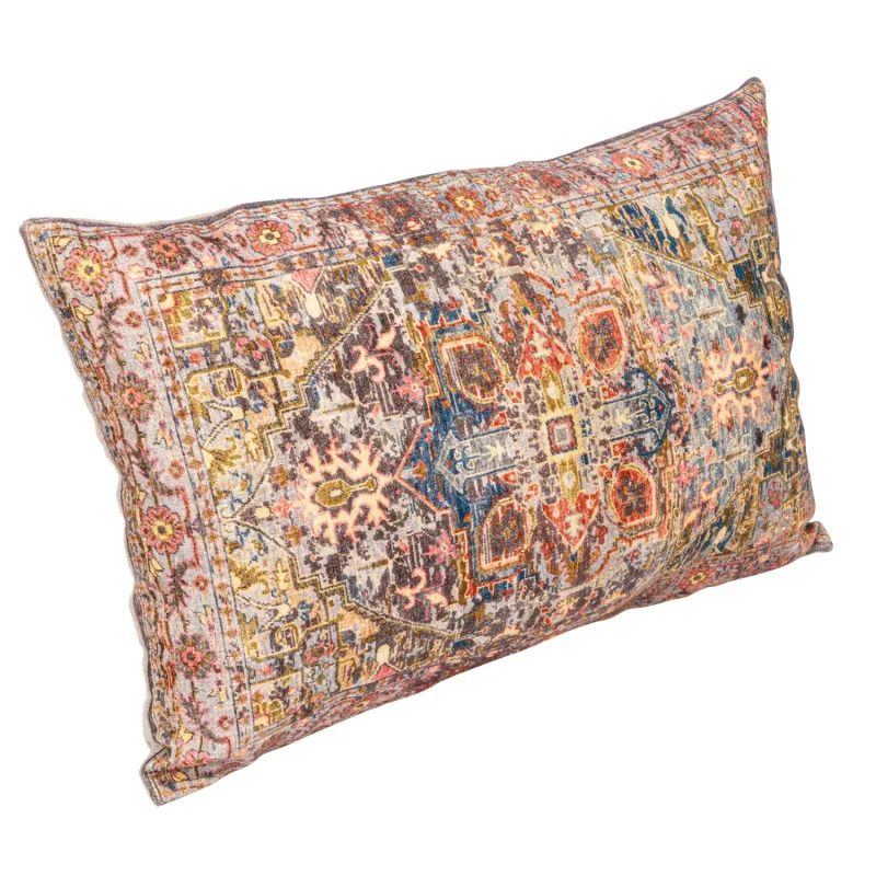 Cotton Printed Lumbar Pillow w/ Pattern &amp; Chambray Back