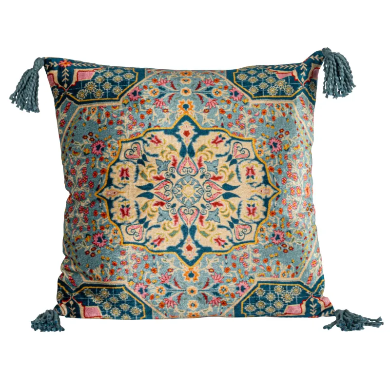 Square Cotton Blend Velvet Printed Pillow w/ Vintage Carpet Pattern