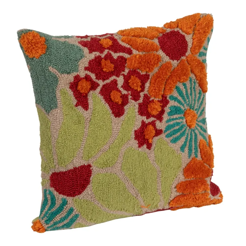 Square Fabric Tufted Indoor/Outdoor Pillow with Flowers