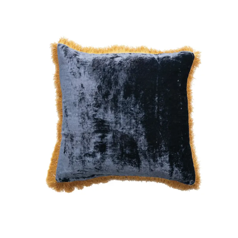 Square Fabric Blend Pillow w/ Fringe, Navy &amp; Gold Color