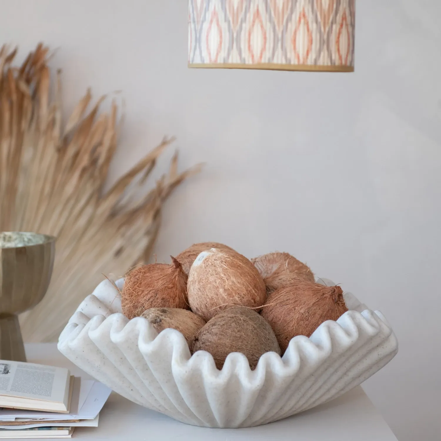 Decorative Resin Ruffled Bowl, Stone Finish, Cream Color
