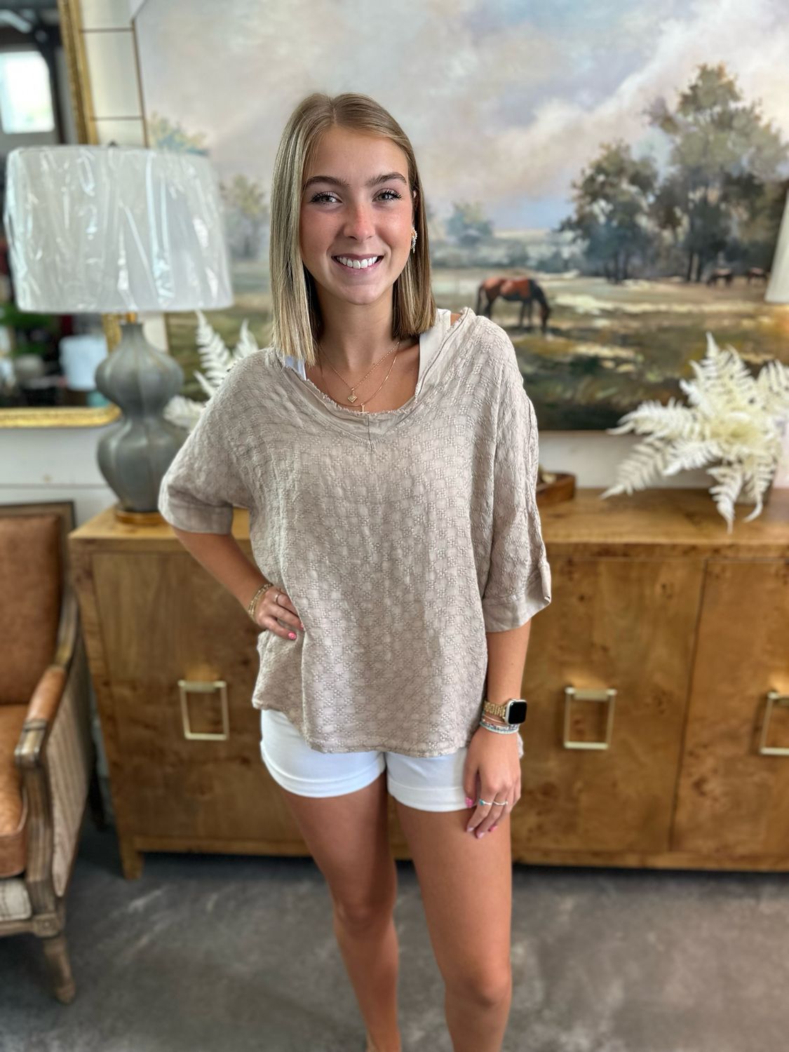 VG Jacquard Linen Top-Taupe