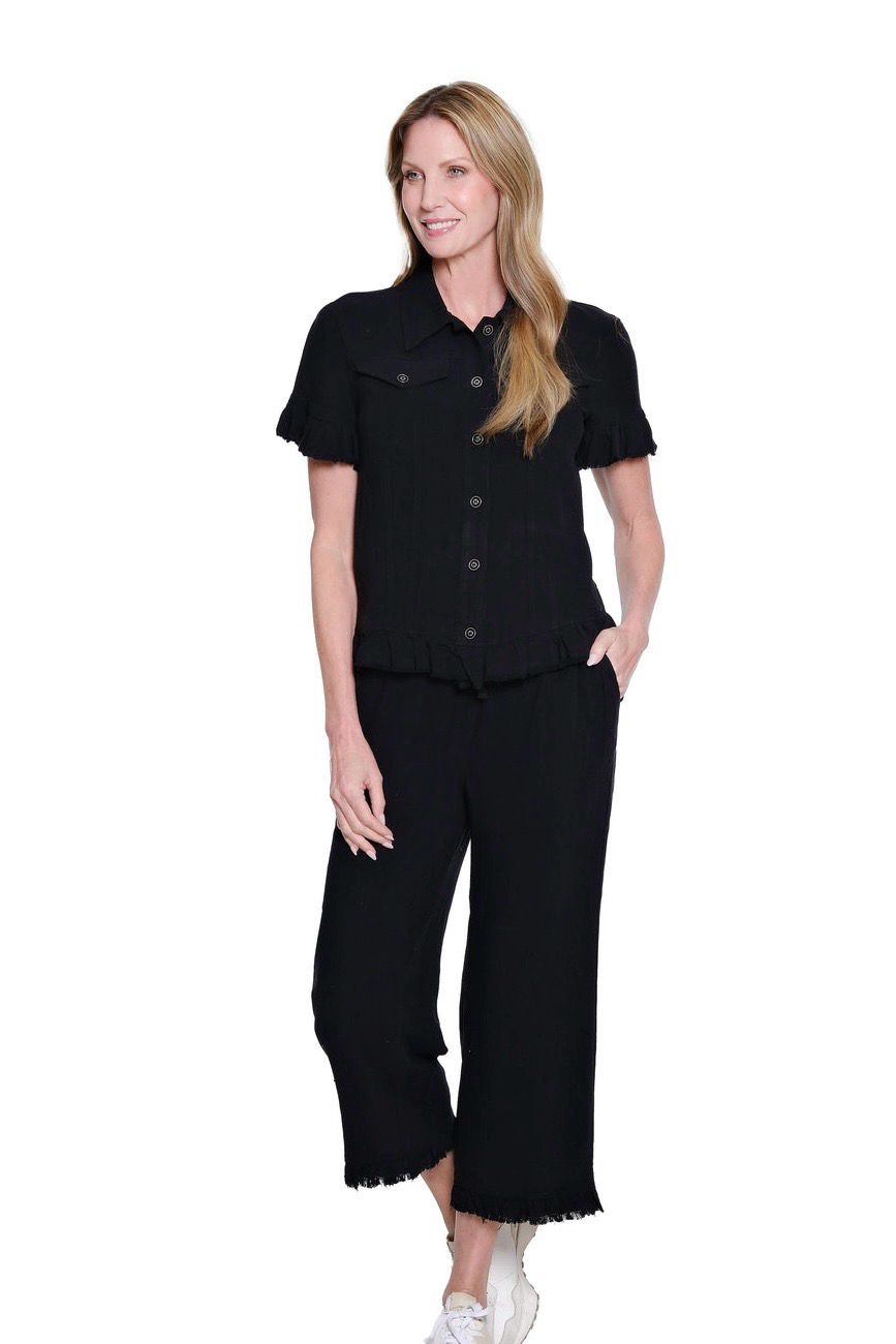 Black Drawstring Ruffle Crop Pant