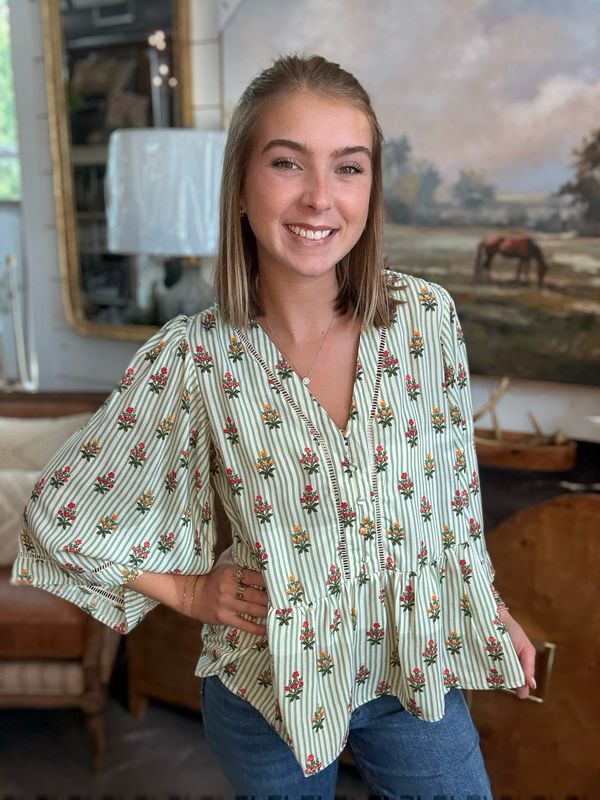 Monroe Cottage Green Stripes Top