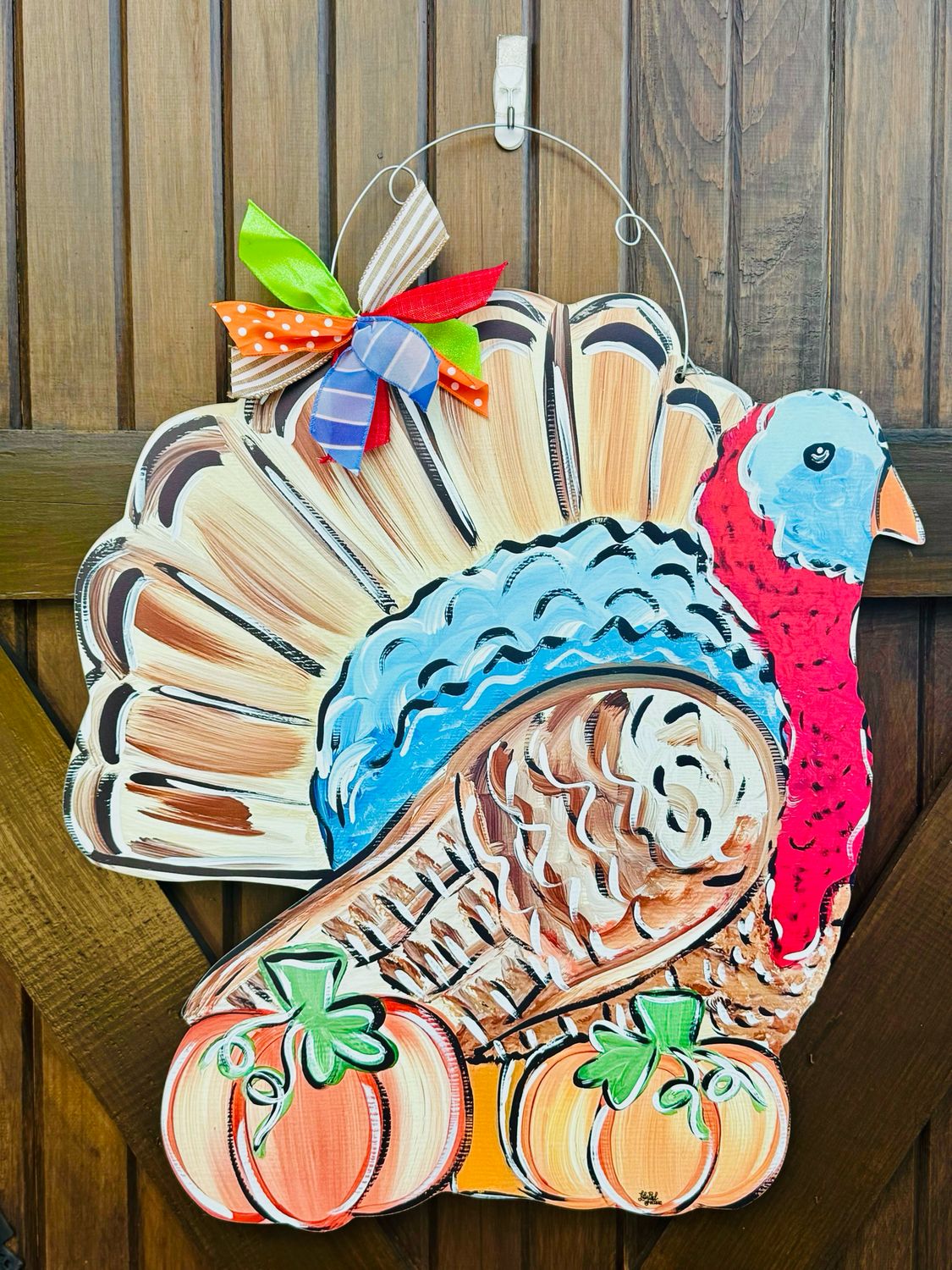 Turkey w 2 Pumpkins Doorhanger