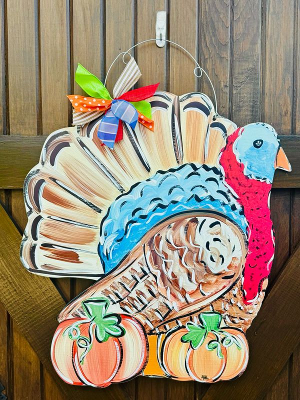 Turkey w 2 Pumpkins Doorhanger