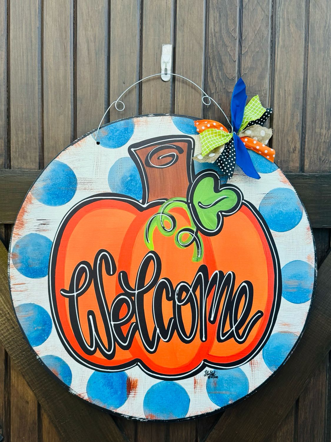 Pumpkin &amp; Welcome Blue Dots Doorhanger