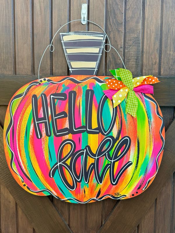 Colorful Pumpkin Hello Fall Doorhanger