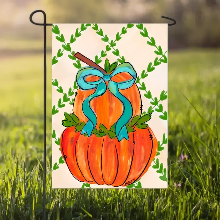VG Greenery Stacked Pumpkin Bow Garden Flag