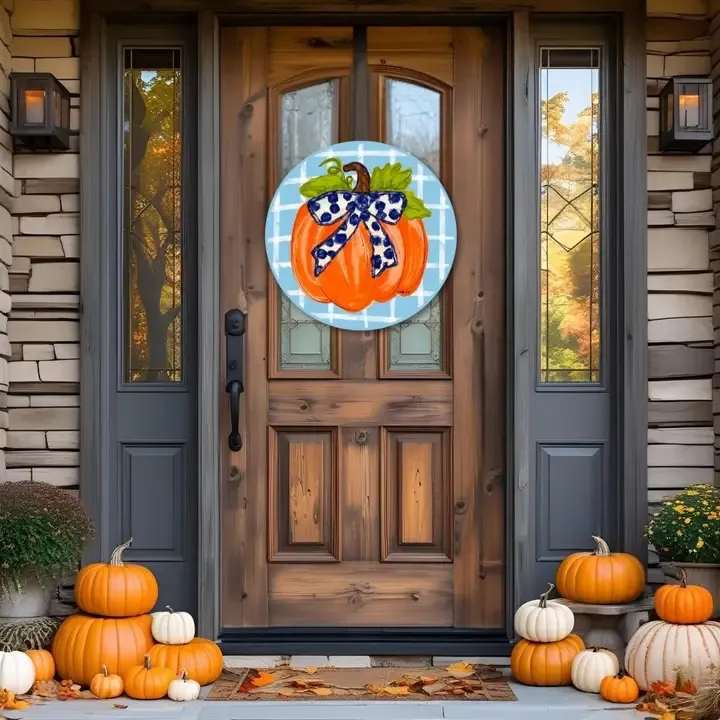 VG Blue Plaid Pumpkin Bow Doorhanger