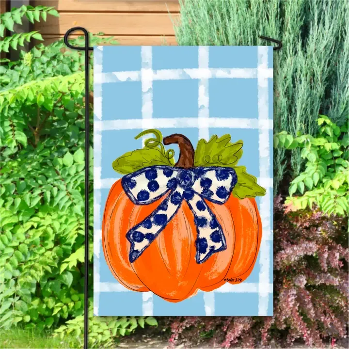 VG Blue Plaid Pumpkin Bow Garden Flag