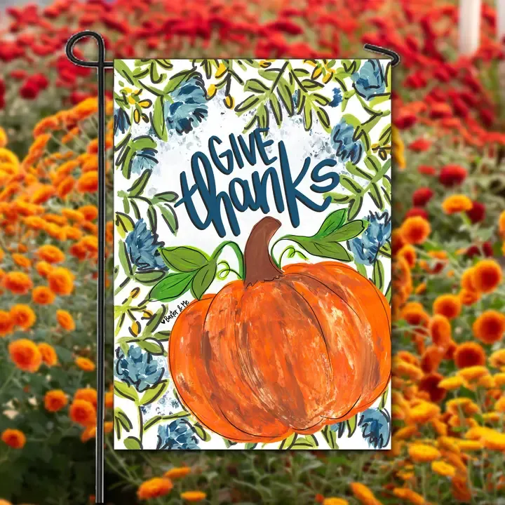 VG Blue Give Thanks Pumpkin Floral Garden Flag