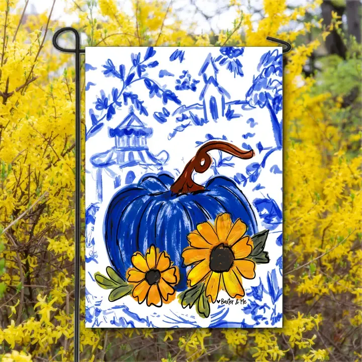 VG Blue Willow Sunflower Pumpkin Garden Flag