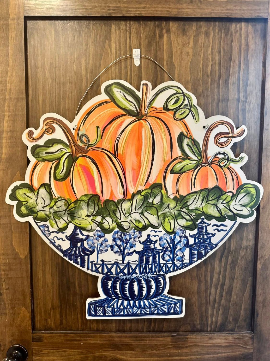 VG Blue Willow Pumpkin Harvest Doorhanger