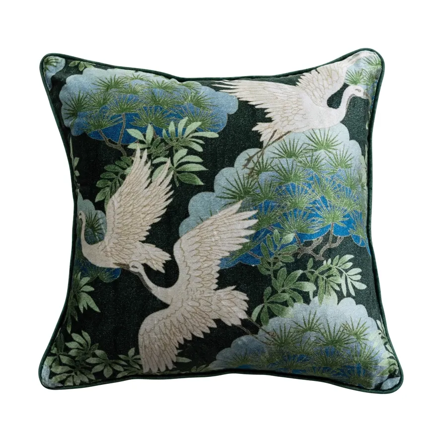 DG0360-18&quot; Sq Cotton Velvet Crane/Piping Pillow