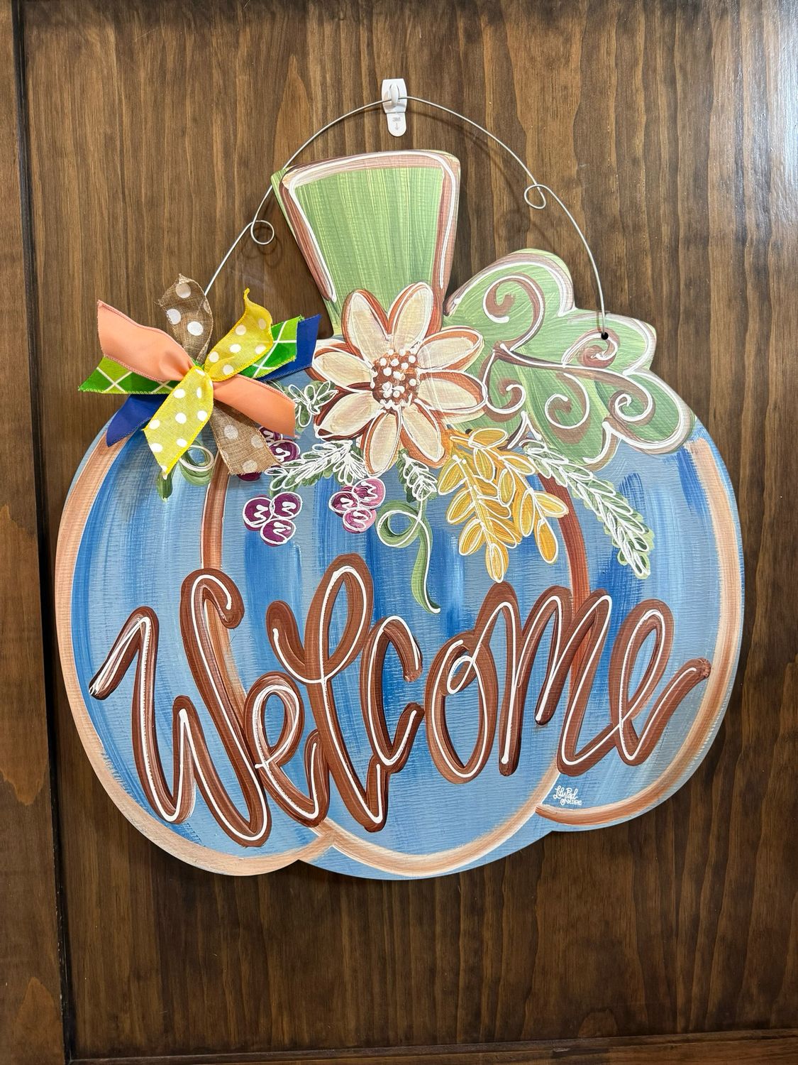 Welcome Blue Pumpkin w Flowers Doorhanger