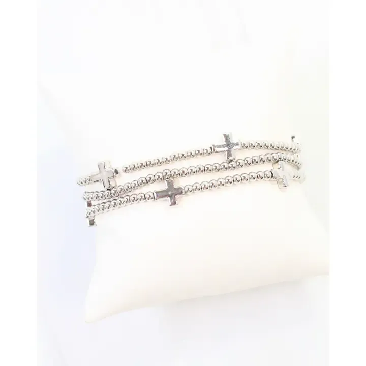 Kendall Beaded Cross Stretch Bracelet-Silver