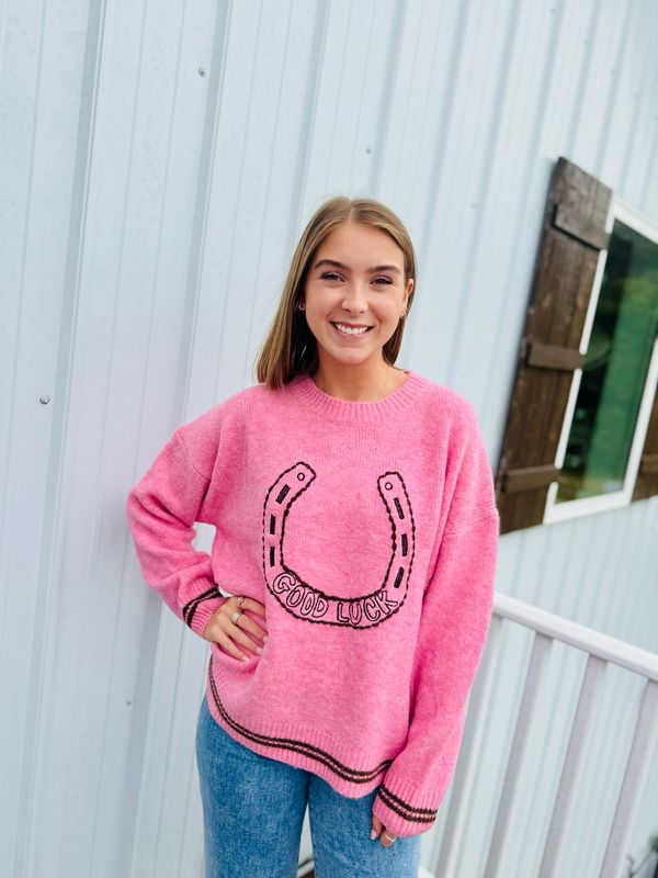 Good Luck Horseshoe Sweater-French Pink